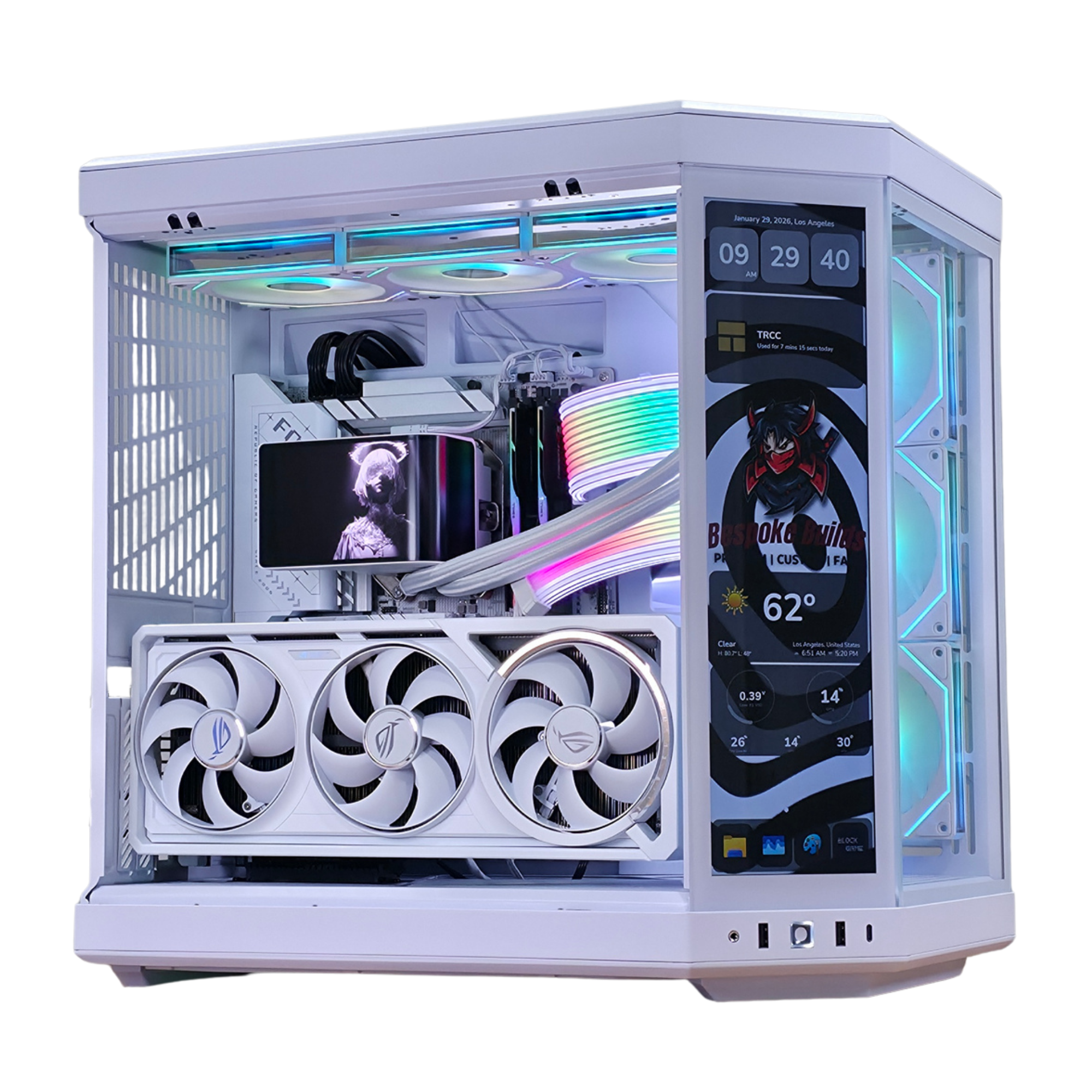 Bespoke Builds INFINITE Series White Edition – AMD Ryzen 7 9800X3D 8-Core 5.2GHz, NVIDIA GeForce RTX 5080 16GB GDDR7 White, 32GB DDR5 RAM, 2TB NVMe SSD, HYTE Y70 Touch Infinite White, LCD Cooler, Windows 11 Pro – Prebuilt Gaming Desktop Computer