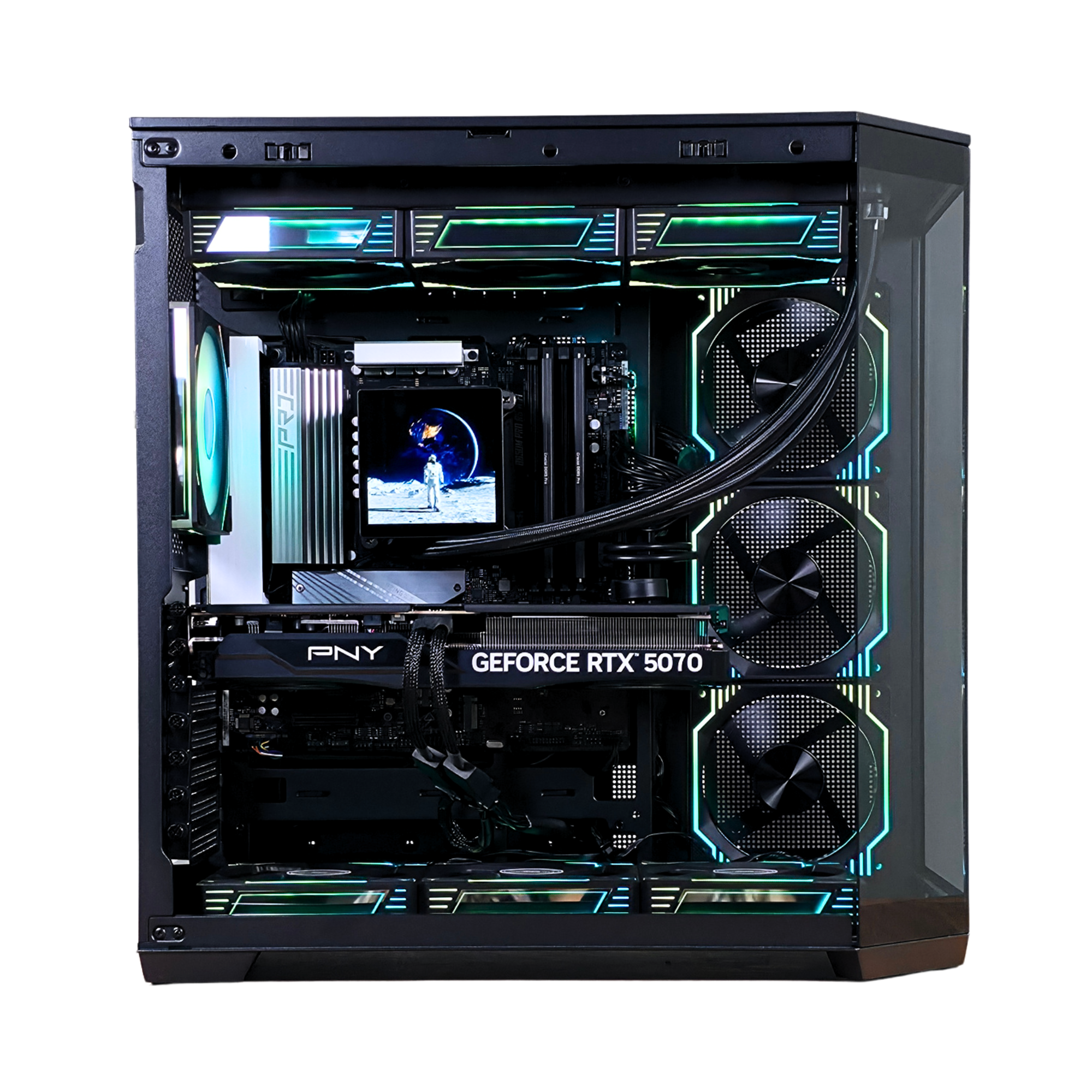 Bespoke Builds NOVA Gaming PC – AMD Ryzen 5 9600X 6-Core 5.4GHz, NVIDIA GeForce RTX 5070 12GB, 32GB DDR5 RAM, 1TB NVMe SSD, 360mm LCD Liquid Cooler, 10x RGB Fans, WiFi & Bluetooth, Windows 11 Pro, FREE Keyboard & Mouse – Prebuilt Gaming Desktop Computer