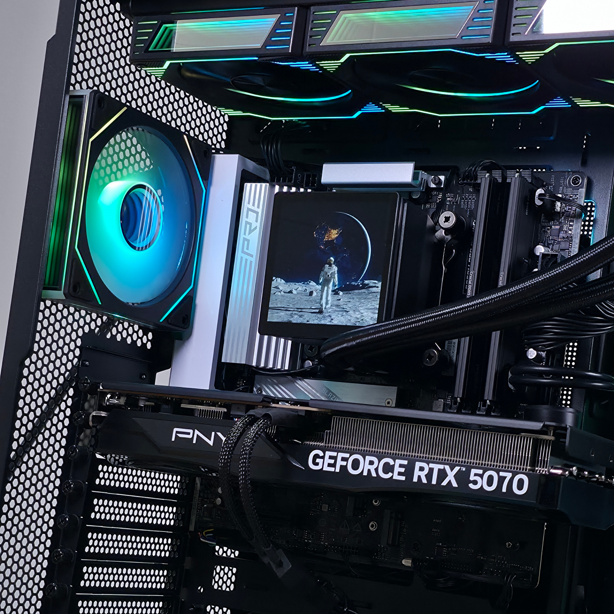 Bespoke Builds NOVA Gaming PC – AMD Ryzen 5 9600X 6-Core 5.4GHz, NVIDIA GeForce RTX 5070 12GB, 32GB DDR5 RAM, 1TB NVMe SSD, 360mm LCD Liquid Cooler, 10x RGB Fans, WiFi & Bluetooth, Windows 11 Pro, FREE Keyboard & Mouse – Prebuilt Gaming Desktop Computer