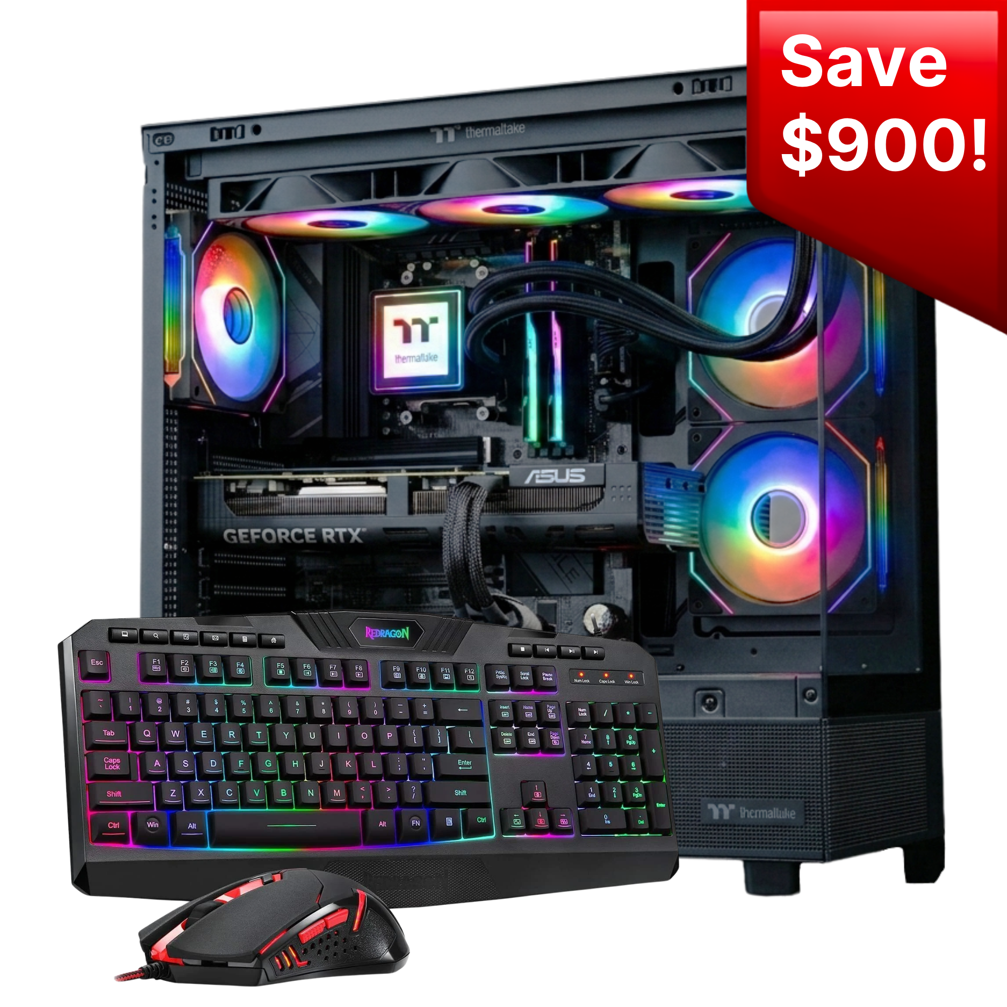 A high-performance gaming PC setup featuring a black tower with a clear side panel, illuminated by RGB cooling fans and liquid CPU cooler. The tower is shown with an ASUS GeForce RTX graphics card installed.