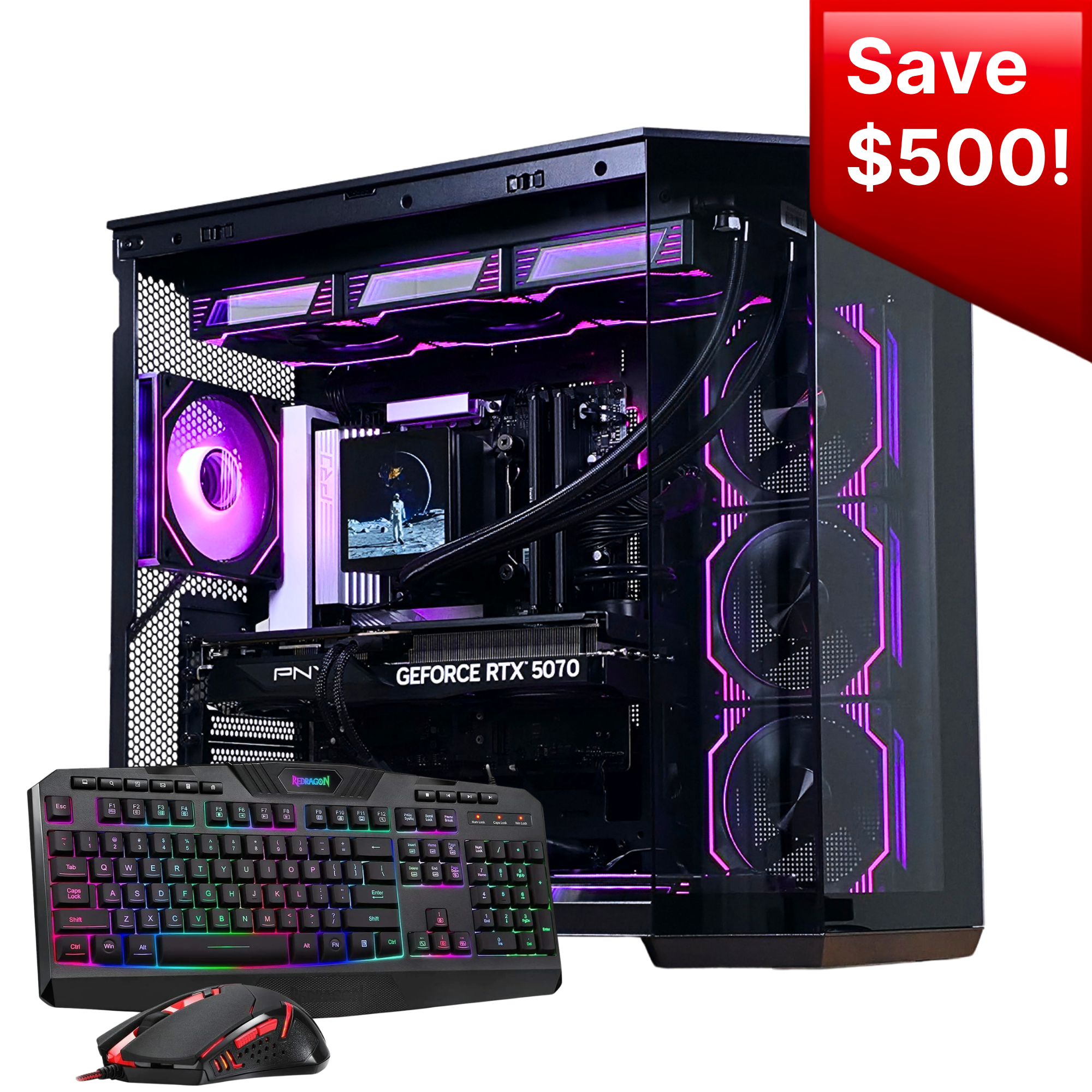 Bespoke Builds NOVA Gaming PC – AMD Ryzen 5 9600X 6-Core 5.4GHz, NVIDIA GeForce RTX 5070 12GB, 32GB DDR5 RAM, 1TB NVMe SSD, 360mm LCD Liquid Cooler, 10x RGB Fans, WiFi & Bluetooth, Windows 11 Pro, FREE Keyboard & Mouse – Prebuilt Gaming Desktop Computer