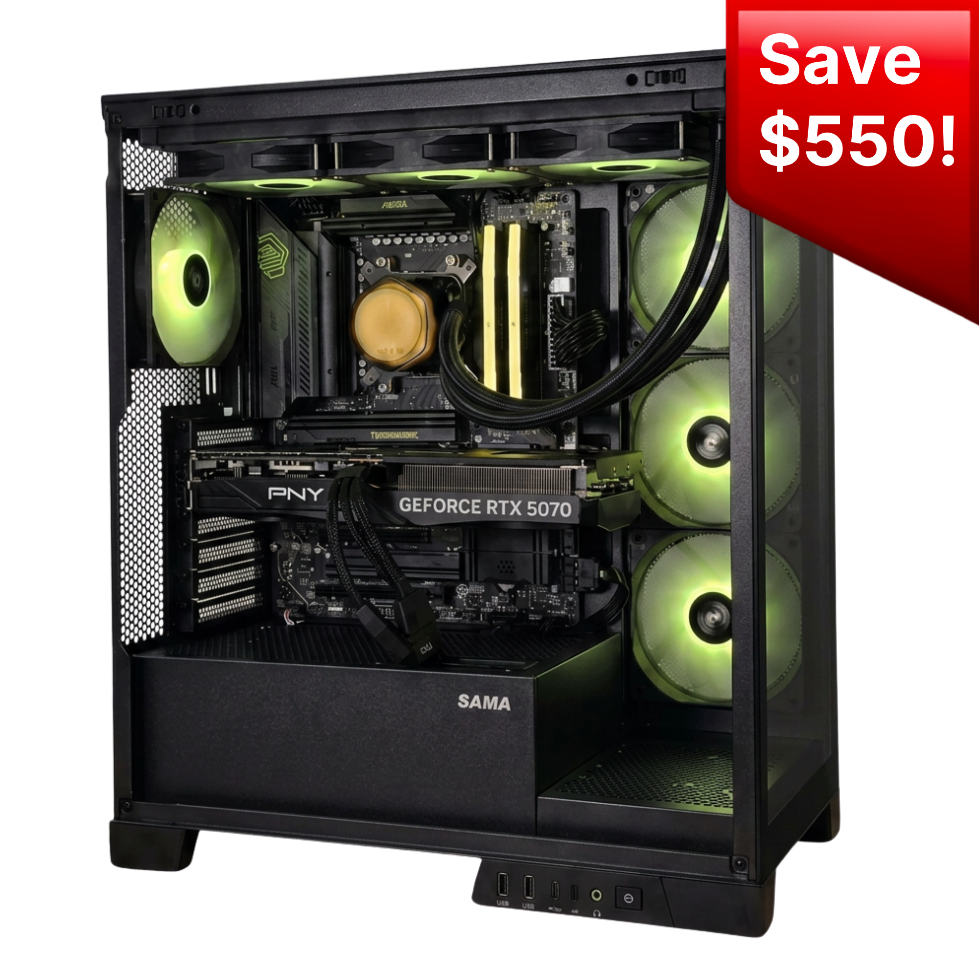 A black SAMA computer case with a glass side panel, showcasing a custom PC build inside with a PNY GeForce RTX 5070 graphics card, gold CPU heatsink, and green LED-lit fans. A red 'Save $550!' promotional banner is in the top right corner.