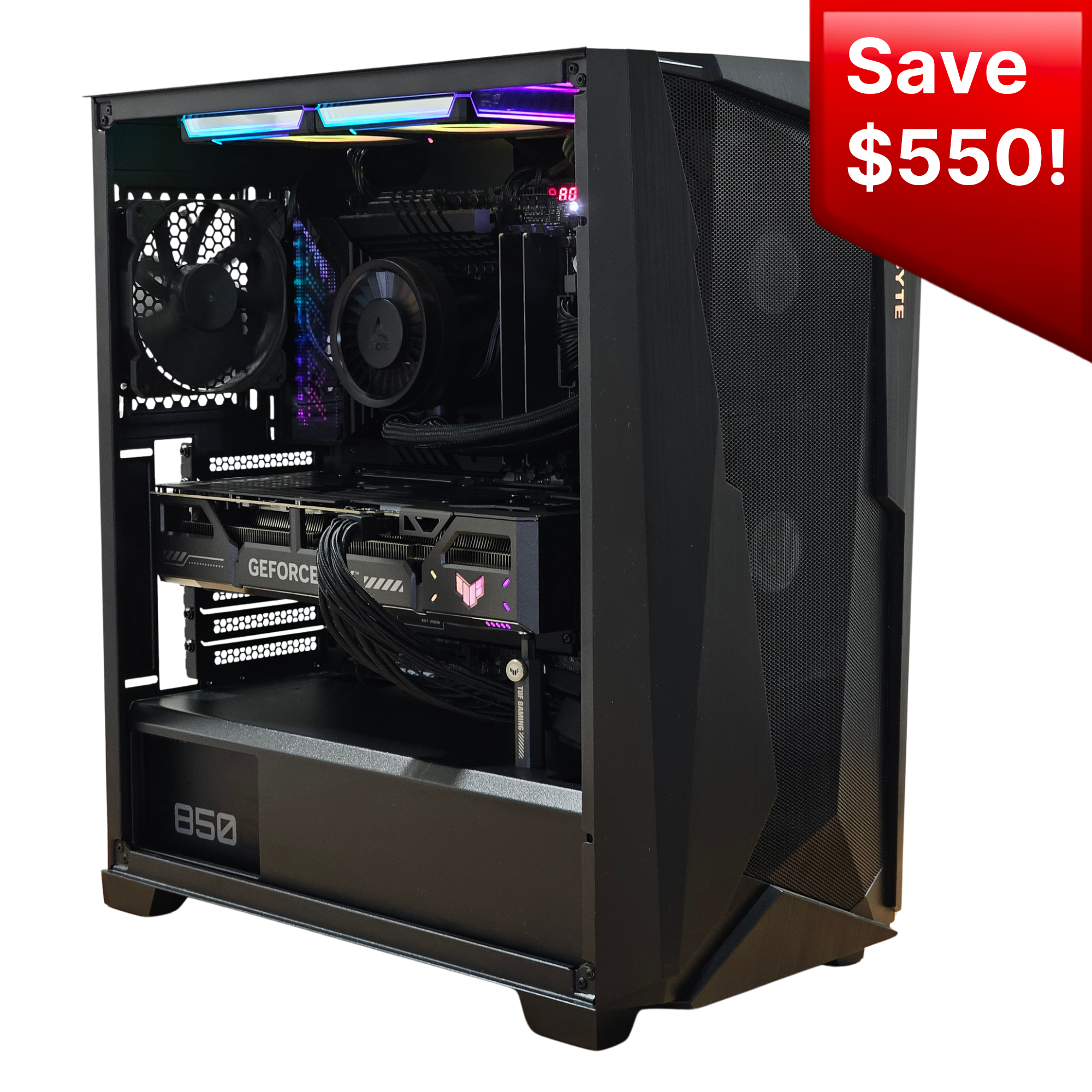 A black custom PC tower with a clear side panel showing a fully assembled interior with RGB lighting, a CPU cooler, RAM, and a GeForce RTX graphics card. A red promotional badge in the top right corner reads 'Save $550!'.